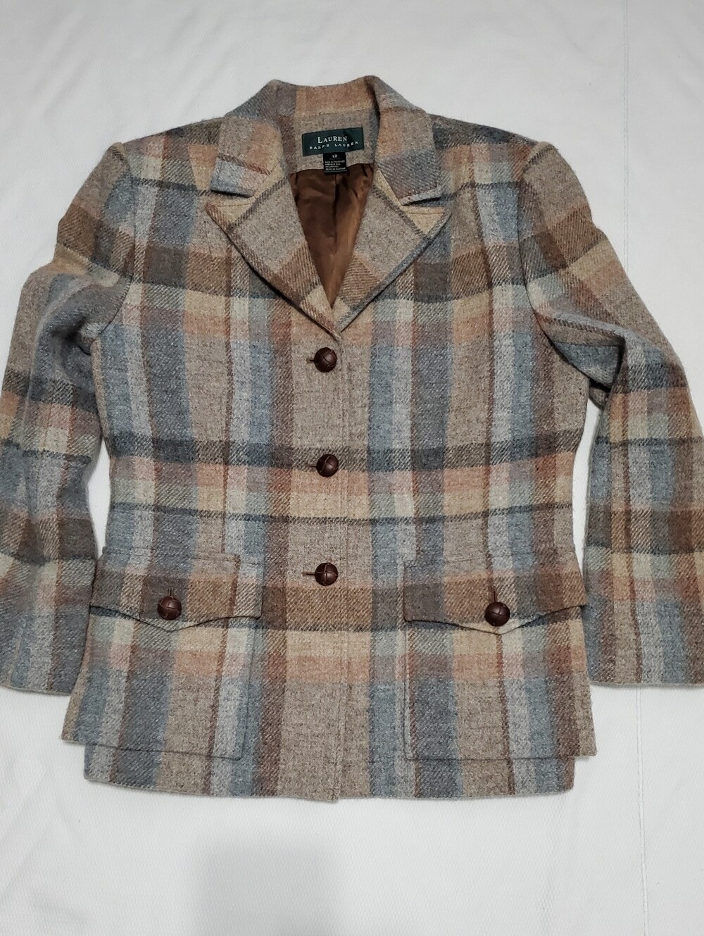 Lauren Ralph Lauren Vintage Womens Wool Blazer Jacket Brown Gray Plaid Size 12